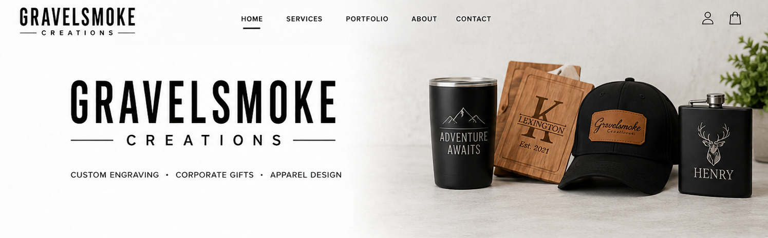 Gravelsmoke Creations custom engraved tumblers, cutting board, hat, and flask